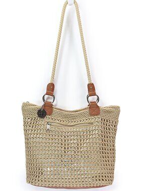 The SAK Crocheted Hobo Shoulder Bag Open Weave Unstructured Purse Gold Underlay